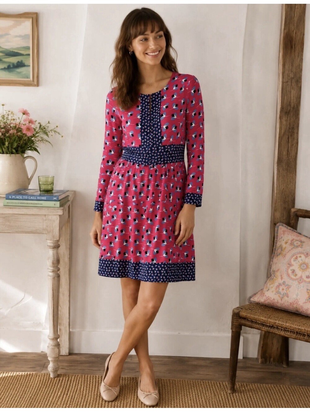 Boden Daisy Women's Red Blue Floral Viscose Lined Long Sleeve Dress Size 6P